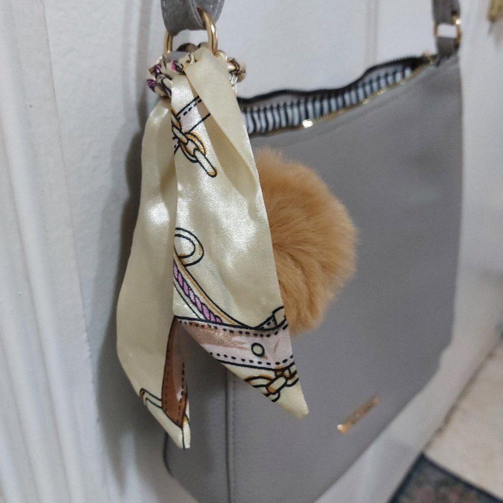 Twilly Scarf & Fur Pom Pom Decor Bag Charm Bag Accessory